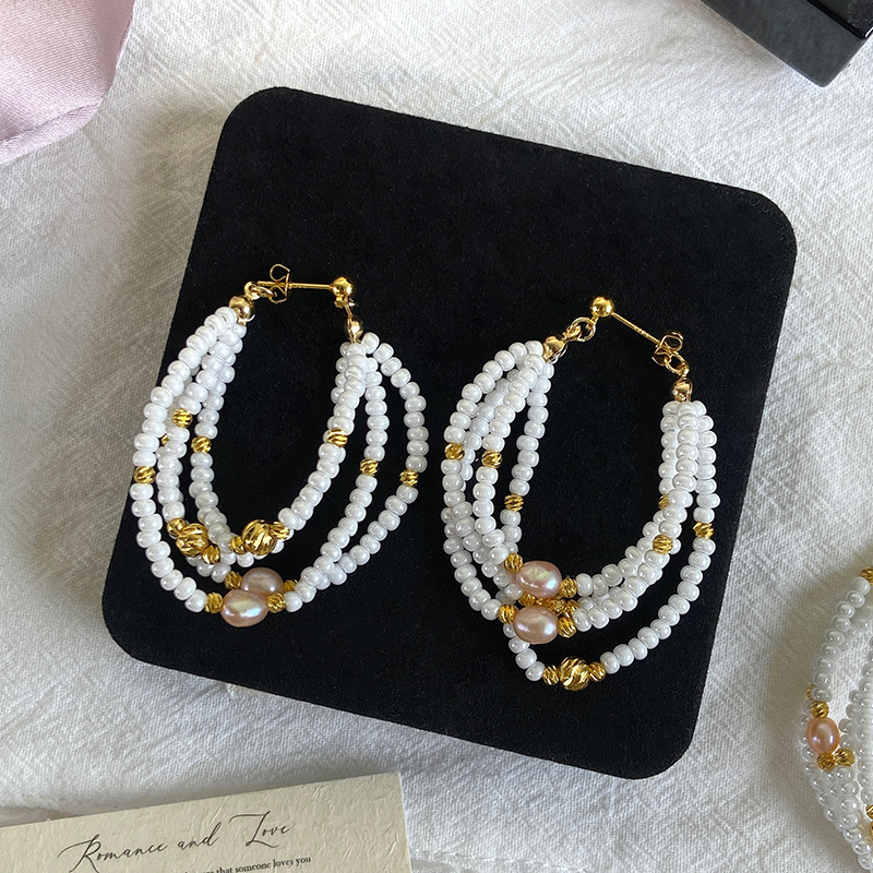 Natural Pink Freshwater Pearl Beaded Necklace Bracelet Earring Set Women's French Braided Accessories Geometric Pattern Irregular Design Electroplated Copper