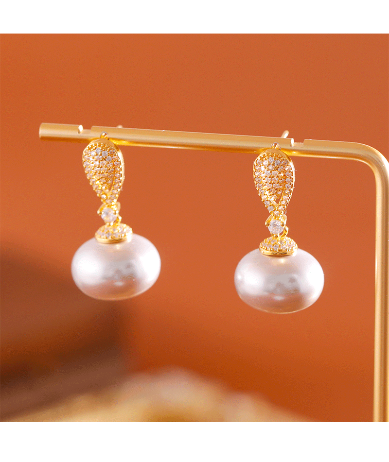 French Luxurious Sparkling Diamond Embedded Pearl Earrings Fashionable High-End Elegant Trendy Jewelry Accessories For Women