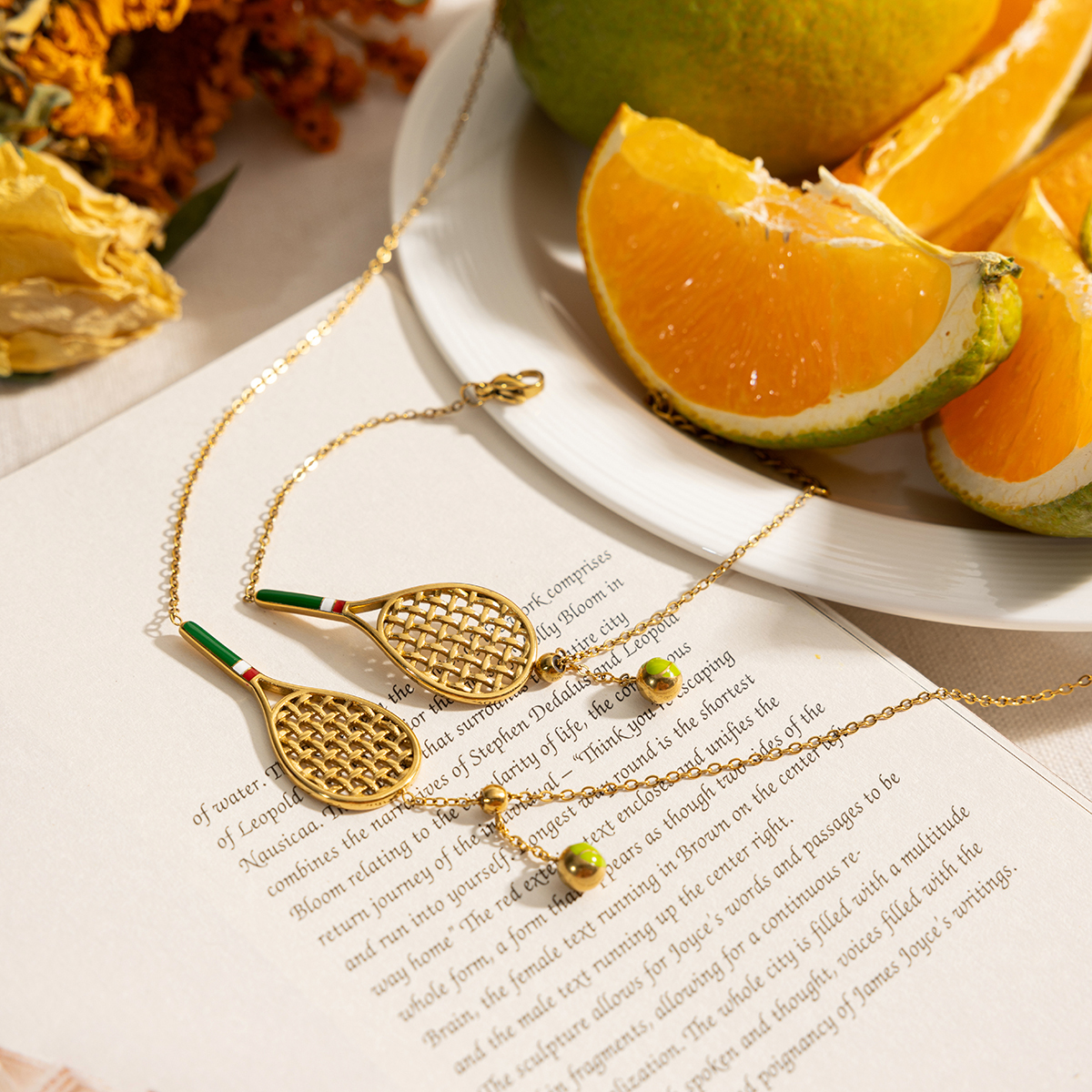Ladies' Sporty Style Tennis Racket Pendant Necklace Bracelet Set Stainless Steel Green Drip Oil Colorful Jewelry Accessories
