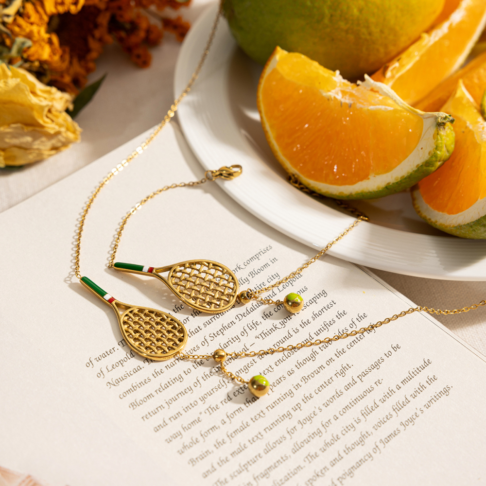 Ladies' Sporty Style Tennis Racket Pendant Necklace Bracelet Set Stainless Steel Green Drip Oil Colorful Jewelry Accessories