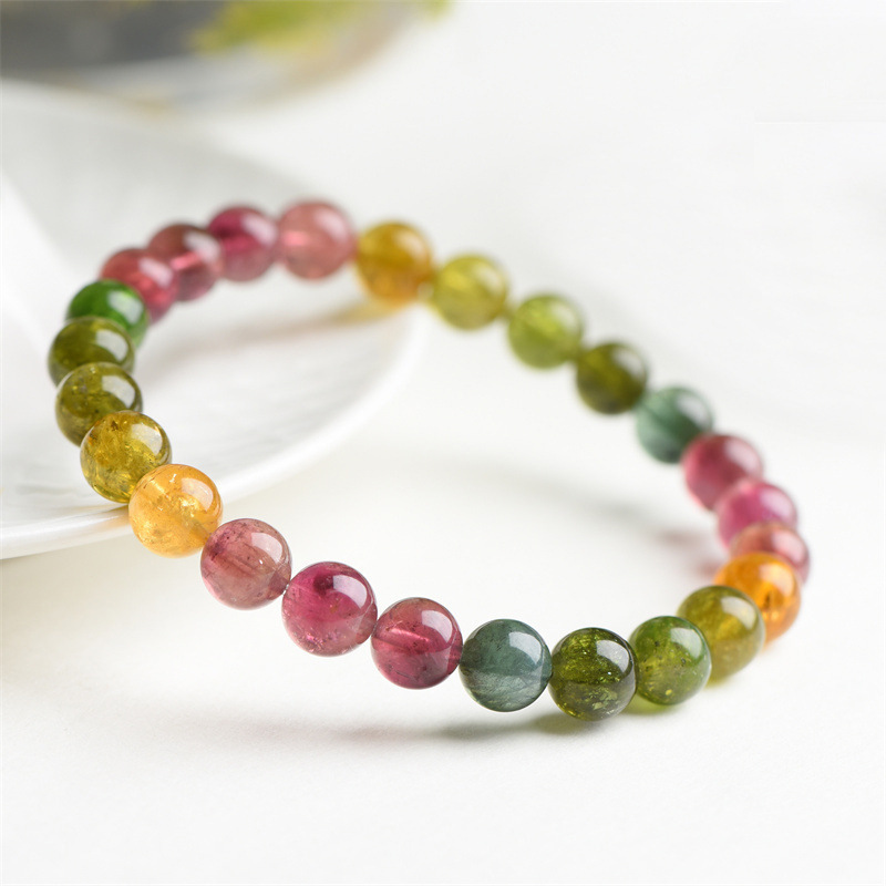Natural Rainbow Tourmaline Bracelet Brazilian Old Mine Material Gradient Color Handmade Beads Jewelry Unisex Geometric Pattern