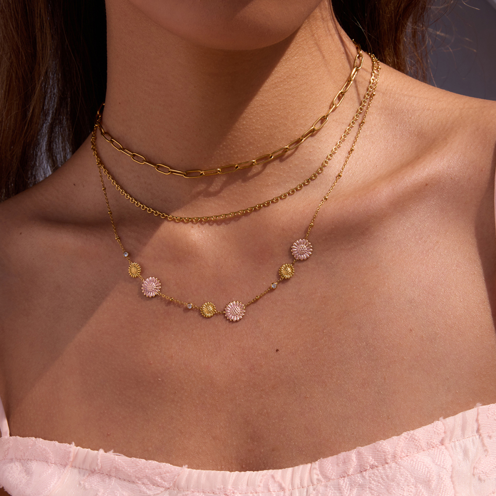 316 Stainless Steel  PVD Coated Chrysanthemum Casual Vacation Commute Cable Chain Necklace For Women's