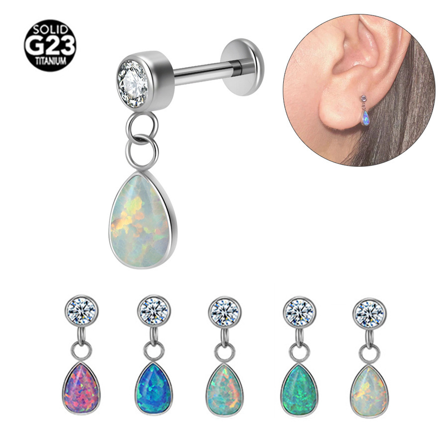 Titanium Alloy G23 Water Drop Shape Opal Pendant Earrings Internal Thread Body Piercing Jewelry Unisex Water Drop Earrings Fashion Accessories