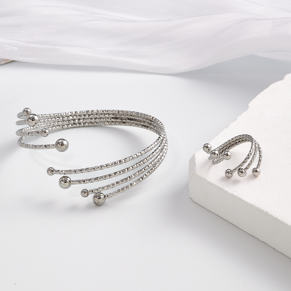 Fashionable 304 Stainless Steel Stripe Ring Bracelet Set Simple Ball Pattern Vacuum Plated Jewelry Accessories For Women