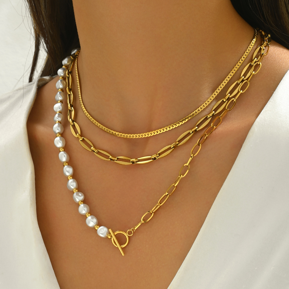 A   Style Imitation Pearl OT Buckle Chain Twin Three-Layer Necklace Baroque Style Temperament Personality Lady Date Party Gathering Matching Necklace