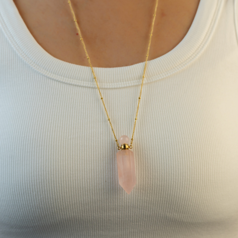 Natural Crystal Round Bead Hexagonal Column Perfume Bottle Stainless Steel Necklace Pointed Cone Aromatherapy Bottle Women's Luxurious Style Jewelry Accessories