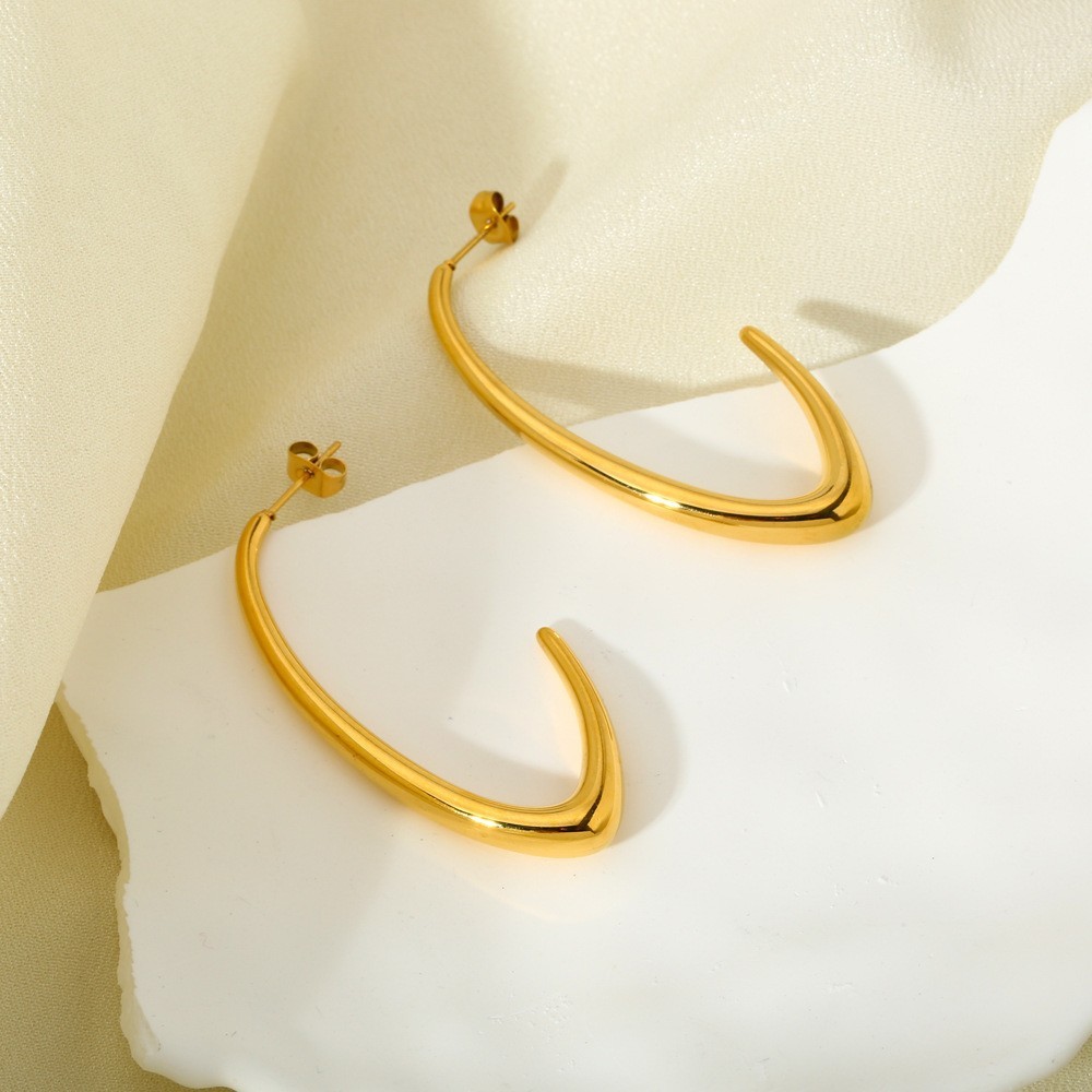 Fashionable Waterproof Stainless Steel C-Shaped Minimalist Hoops Earrings Versatile 18K Gold Plated Geometric Pattern Women's Jewelry