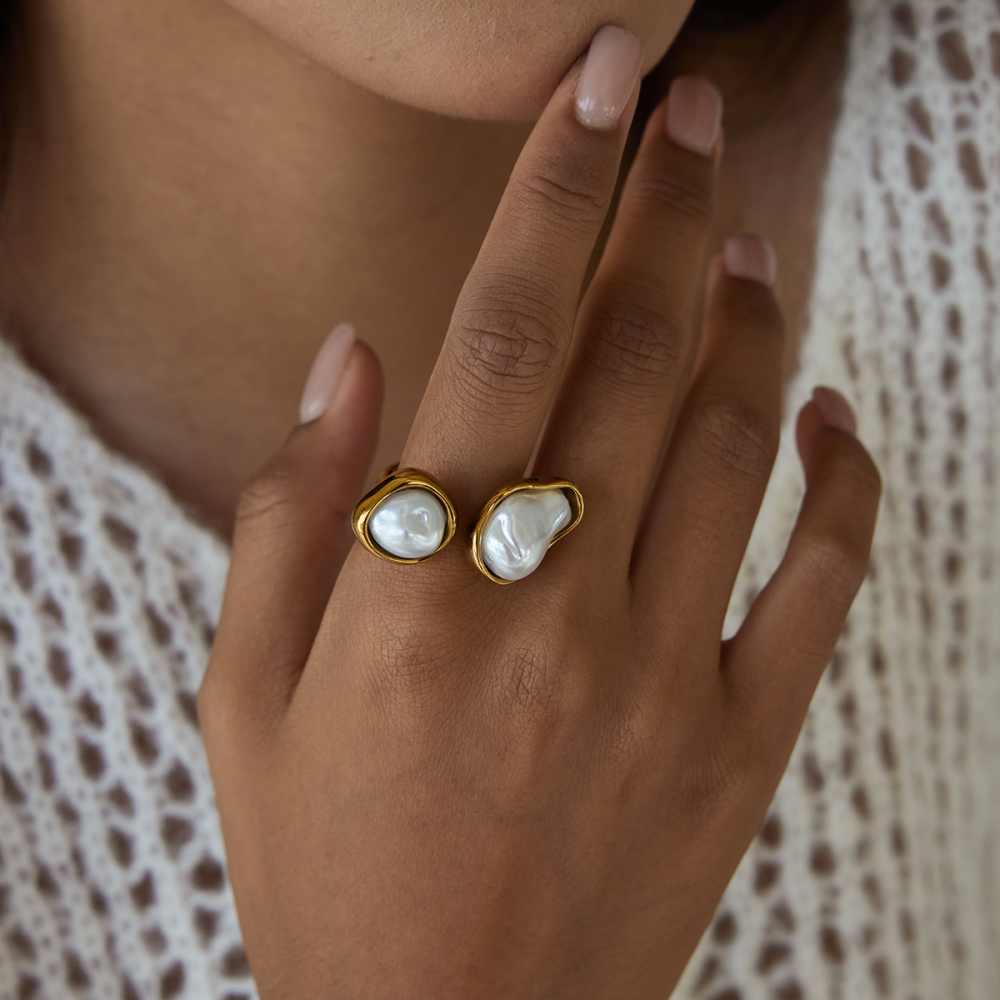 304 Stainless Steel Resin Pearl Asymmetrical PVD Coated Pearl 18K Real Gold Plated Rings