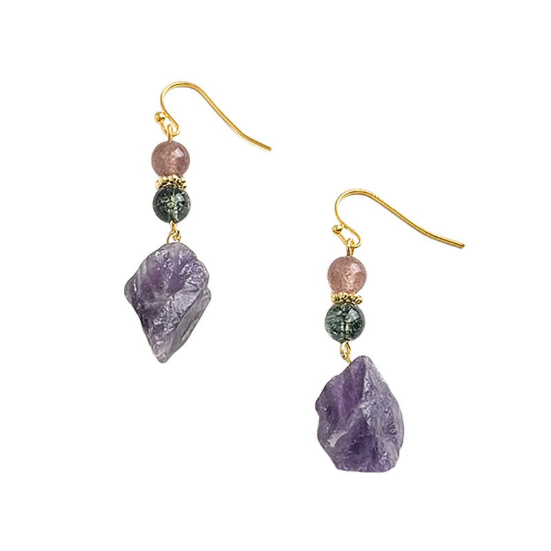 Natural Amethyst Earrings Handmade Original Design Chinese Style Irregular Geometric Pattern Women Jewelry Accessories Healing