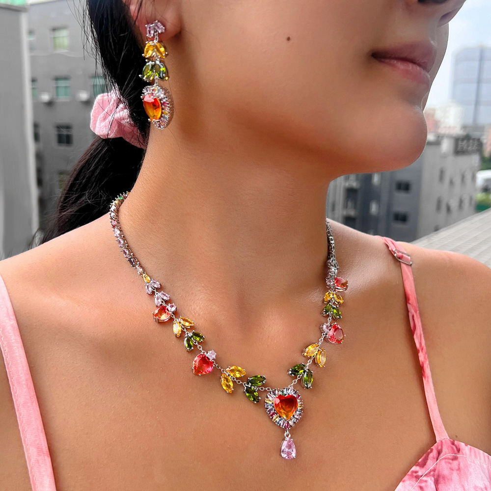 1 Set Of Copper Jewelry Suit (1 Necklace And 1 Pair Of Earrings) Fashion Trend Rainbow Necklace And Earrings Suite Suit Color Zircon Peach Heart Design Dinner Party Dress Wedding Dress Accessories Suitable For Women's Wedding Or Date Wear