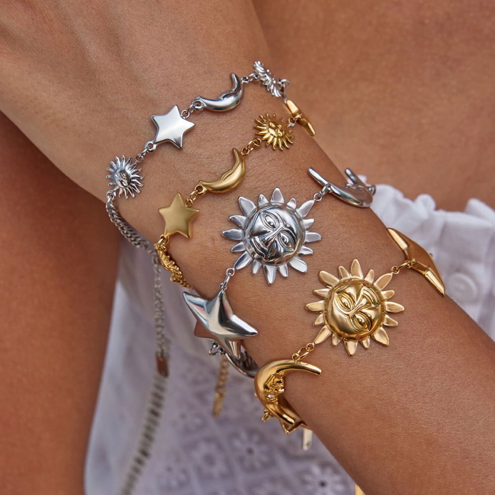 304 Stainless Steel Sun Star Moon PVD Coated Real Gold Plated Novelty Ethnic Style Waterproof Non Tarnish Surgical Steel Cuban Link Chain Curb Chain Safety Clasp Closure Bracelets