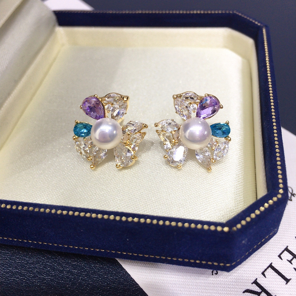 Natural Freshwater Pearl Earrings Women's Colorful Crystal Zircon Flower Pearl Studs Elegant Jewelry Accessories