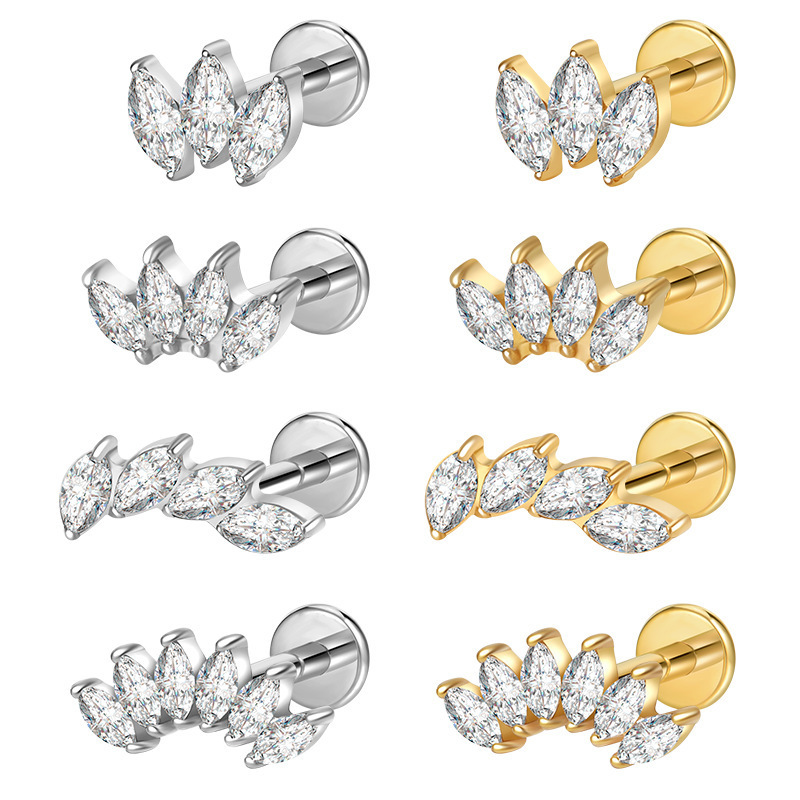 Geometric Pattern Titanium Alloy G23 Ear Studs Bone Studs Inlaid With Horse Eye Zirconia Inner Teeth Lip Studs Popular In Fashion Jewelry