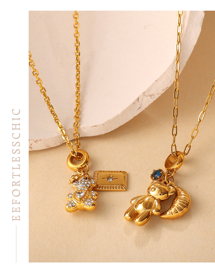 New Fashion Light Luxury Bear Pearl DIY Pendant Necklace Stainless Steel 18K Gold Plated Versatile Necklace