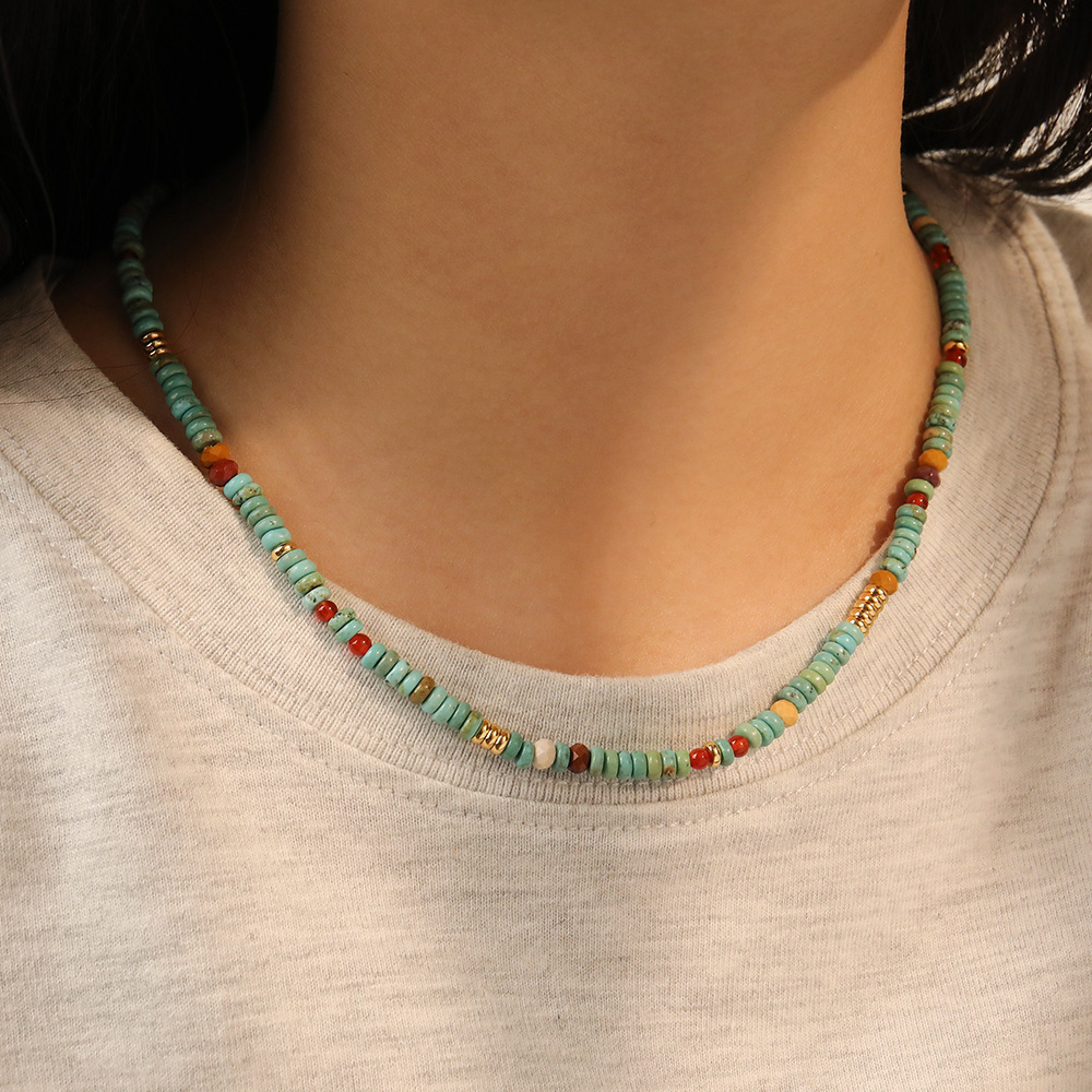 Natural Colorful Turquoise Beaded Necklace Women's Round High-End Minimalist Pearl Set Luxury Sensation Geometric Pattern Design