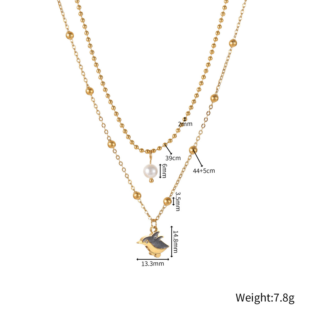 Two-Layer Oregon Drip Oil Cartoon Penguin Pearl Necklace Shell Sea Turtle Fish Ocean Animal Jewelry Accessories Stainless Steel