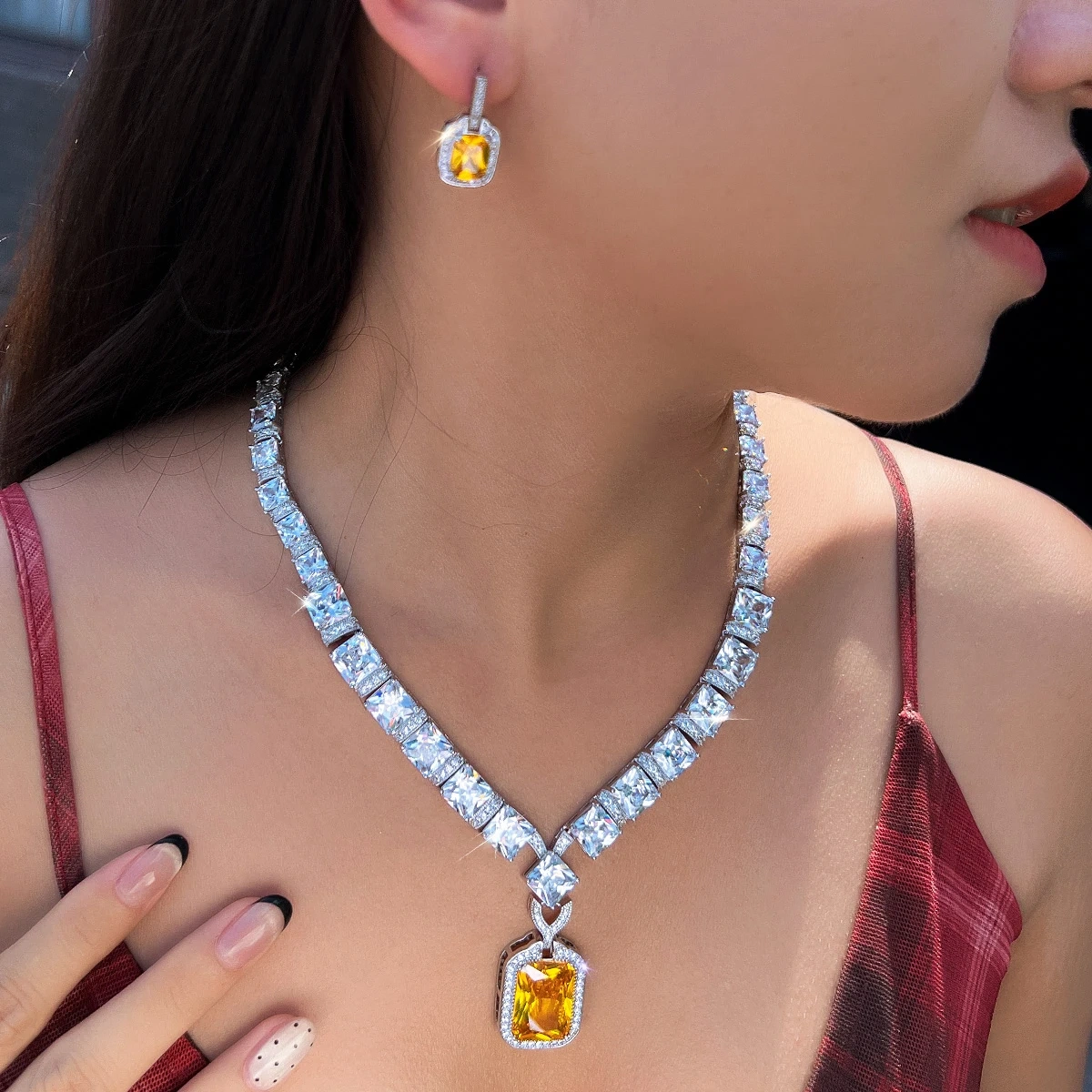 Expensive Nice Yellow Cubic Zircon Big Square Drop Earring Necklace Sets For Women Luxury Wedding Party Jewelry