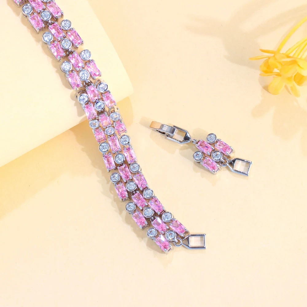 Geometric Shiny Pink Cubic Zirconia Big Wide Bracelets Bangles For Women Wedding Engagement Jewelry Accessories