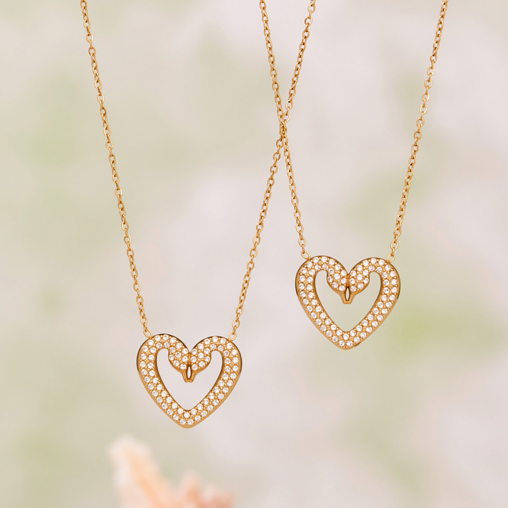 Women's 304 Stainless Steel Handmade Chain Vacuum Electroplating (In Furnace) 18K Gold Plated Geometric Pattern Zircon Full Diamond Double Swan Earrings Ring Bracelet Necklace Heart Full Diamond Jewelry Set Accessories