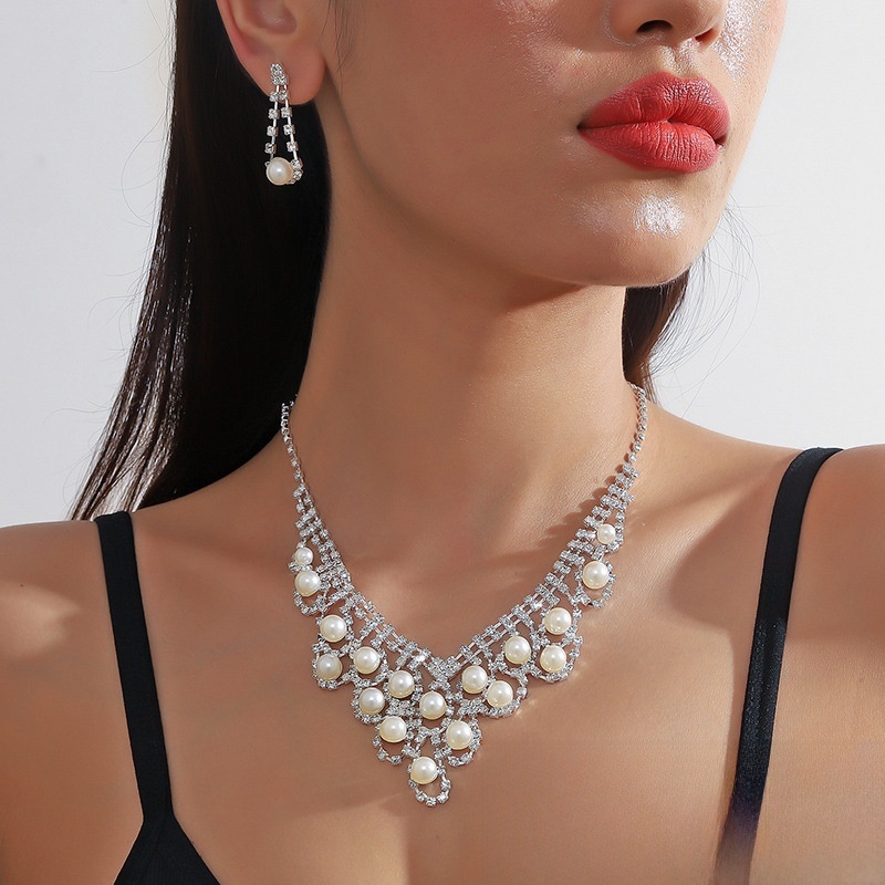 Pearl Rhinestone Necklace Earrings Set Ball Shape Dress Chain Polyester Material Printed Pendant Women Jewelry Accessories