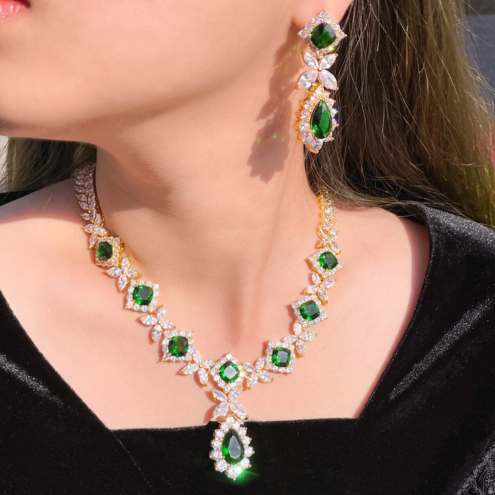 Ruili Flower Zircon Necklace And Earrings Set For Women, Emerald Gemstone Wedding Dress Jewelry Accessories, Water Plating