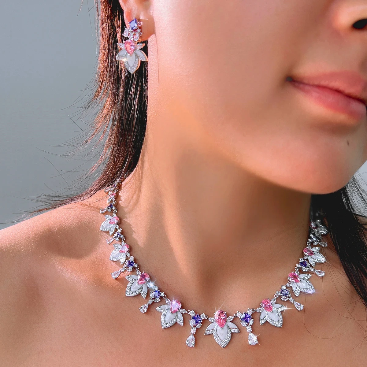 Copper Jewelry Two-Piece Set Luxurious Elegant Colorful Cubic Zirconia Enamel Floral Necklace Earring Set Suitable For Women's Weddings And Parties