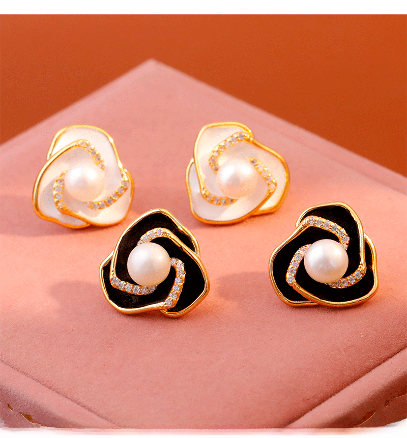 Elegant Pearl Tea Rose Earrings Women's Fashion Commute Delicate Enamel Drip Glaze Studs Trendy Jewelry Accessories