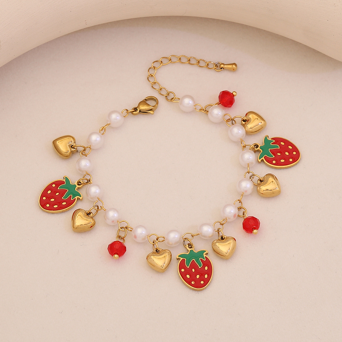 Charming Cherry Strawberry Watermelon Bracelet Elegant Imitation Pearl Hand Jewelry New Style Accessories Golden Pendant Love Heart Shape