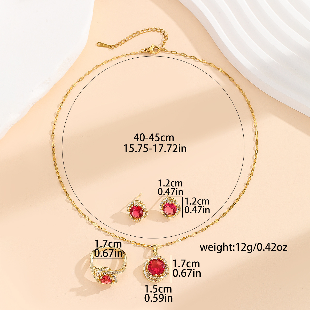 Elegant Retro French Style Copper Embedded Zirconia Ring Necklace Earring Set For Women Flashy Unique Three-piece Jewelry