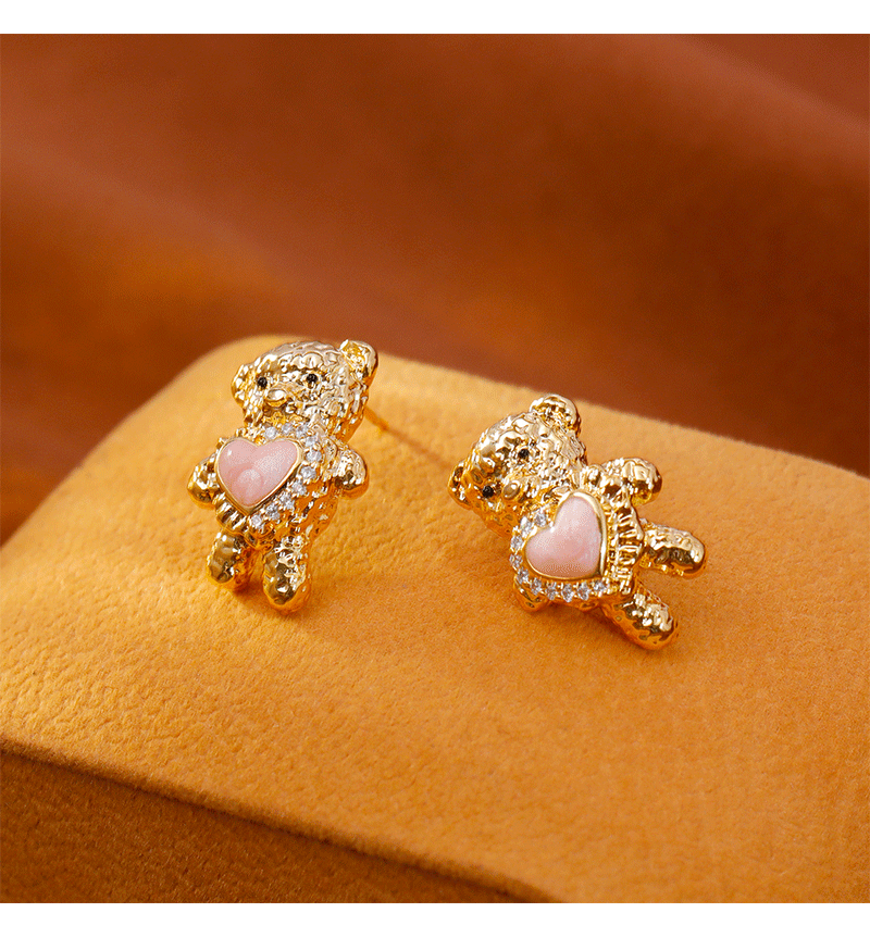 Delicate Bear Design Earrings With Zircon Heart Commuter Sweet Cute Style New Arrival Fashionable Women's Jewelry Accessories