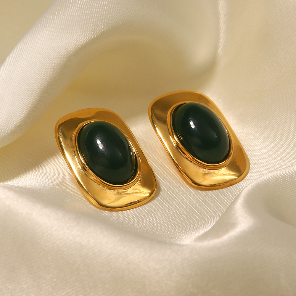 304 Stainless Steel Geometric PVD Coated Cat's Eye Stone 18K Real Gold Plated Retro Classic Style Inlay Ear Studs