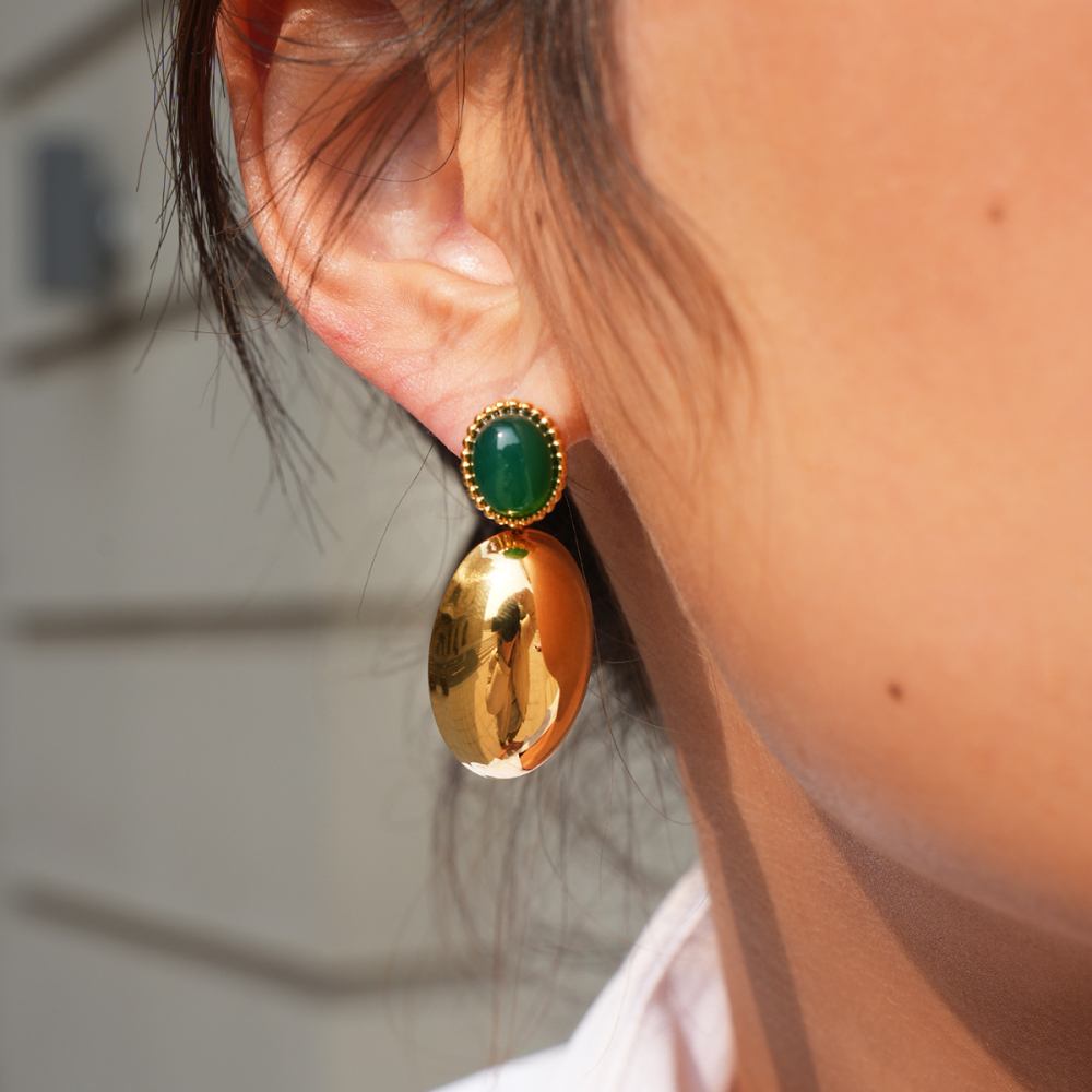 18K Gold Plated 304 Stainless Steel Vacuum Electroplated Vintage Oval Natural Stone Earrings Jewelry Women's Accessories Waterproof Non-Fading Three-Dimensional Design