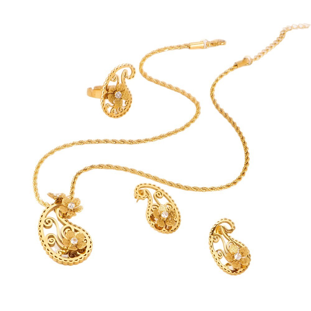 Three-piece Set Five-leaf Flower Stick Diamond Pearl Necklace Sense Ladies Stainless Steel Ring Accessories