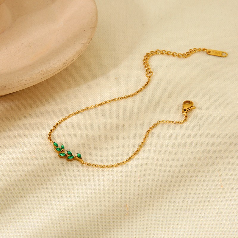 Gold Plated Zircon Leaf Branch Pendant Women Bracelet Stainless Steel Waterproof Jewelry Accessories