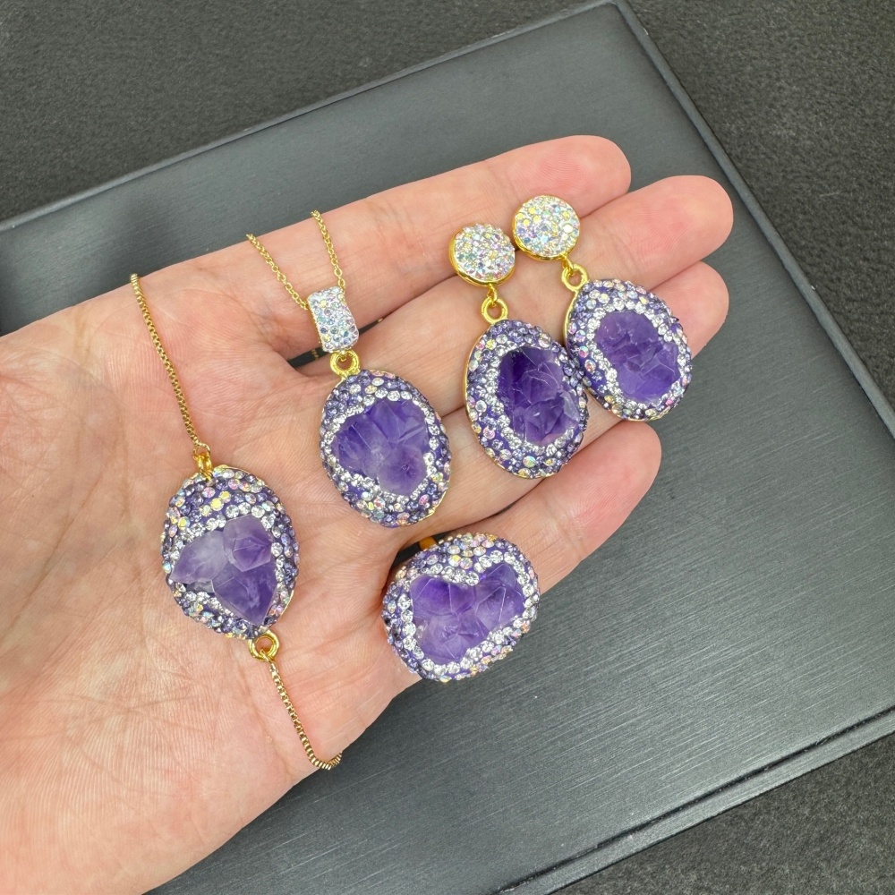 Natural Raw Stone Purple Quartz Jewelry Set Factory Embedded Elegant Sensation Small Audience Style Women's Fashion Accessories