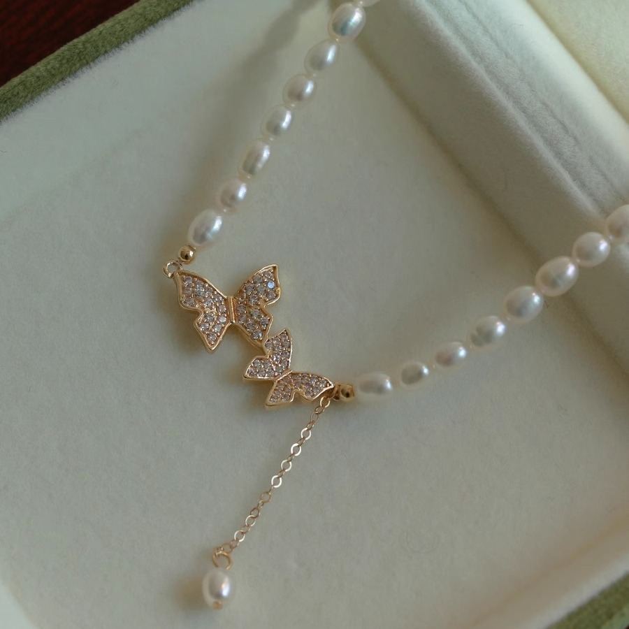 High-Quality Freshwater Pearl Choker Necklace With Natural Strong Light Double Butterfly Tassel Pendant Fashionable Women's Jewelry