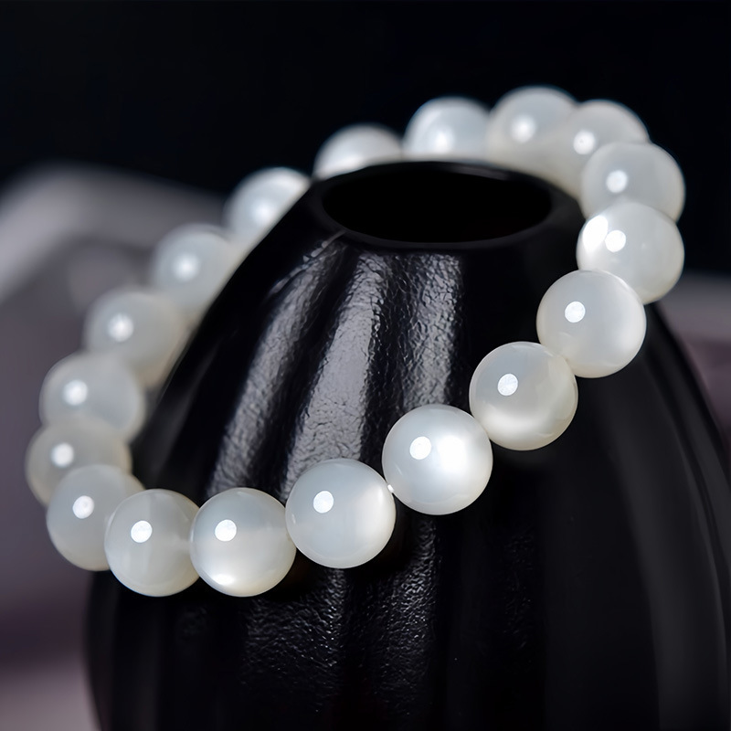 Natural White Moonstone Bracelet Strong Cat's Eye Body Transparent Crystal Gem Classic Round Bead Geometric Pattern Polished