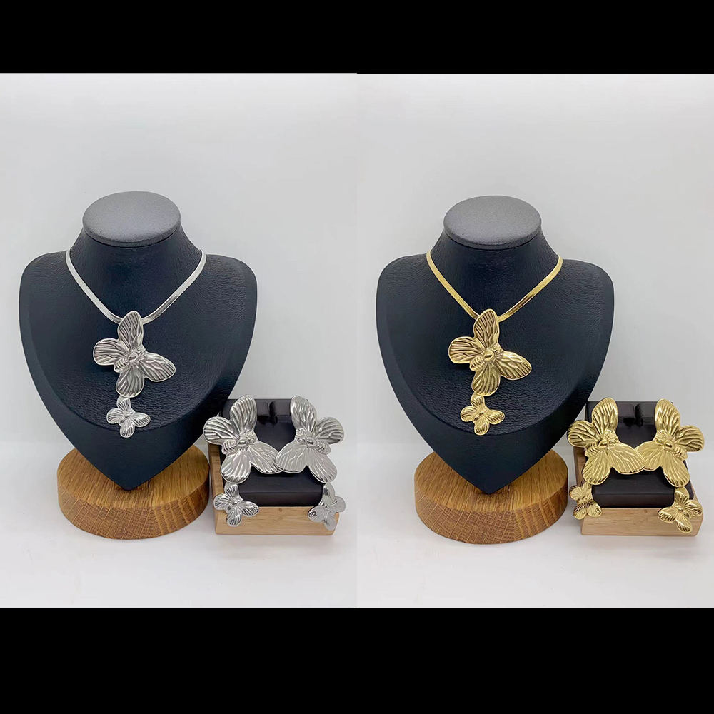Fashionable Butterfly Ear Studs Necklace Set Vacuum Plated 304 Stainless Steel Gold Color Women's Jewelry Accessories Set