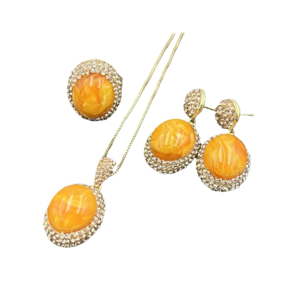 New Arrival Honey Amber Gemstone Inlaid Three-Piece Set Personality Medieval High-End Diamond Jewelry Ethnic Style Women's Accessories