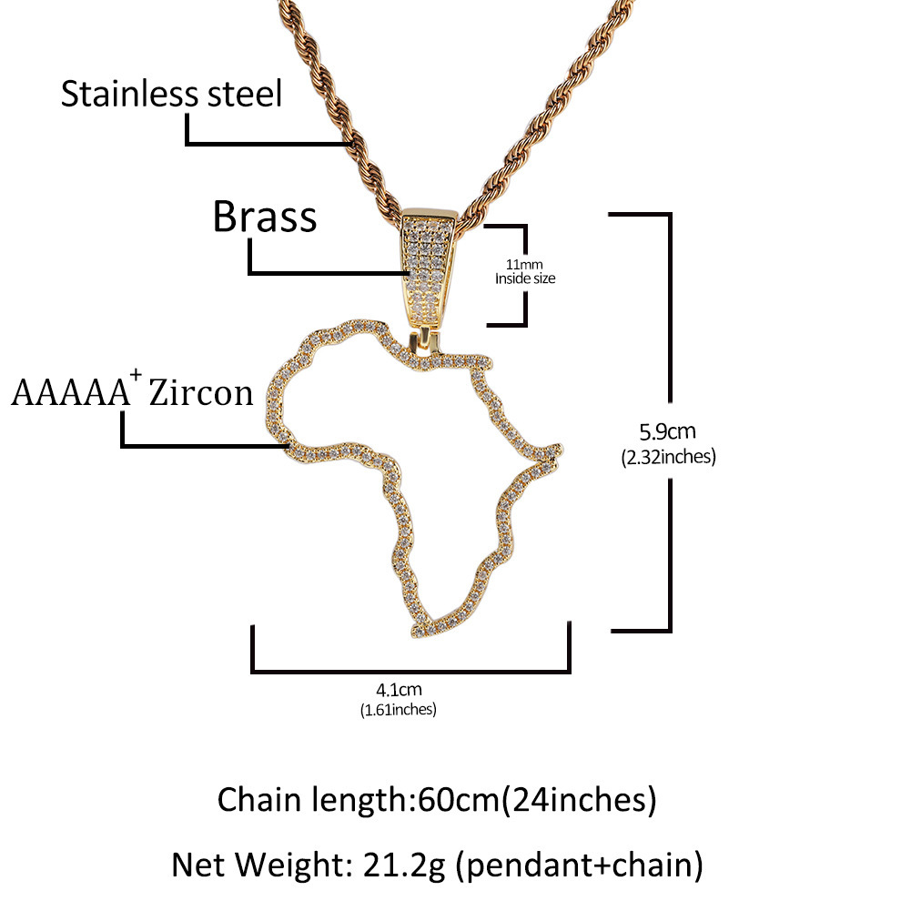 Fashion Hollow Copper Inlaid Zircon African Map Pendant Vacuum Electroplated 304 Stainless Steel Unique Design Hip Hop Style Fashion Accessories