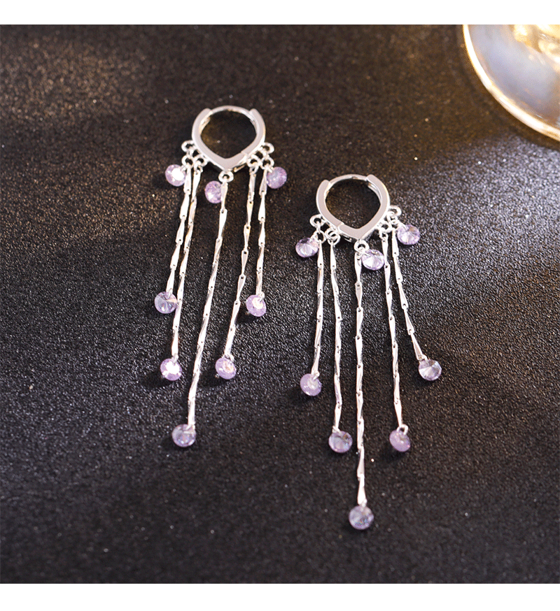 Elegant Long Purple Zircon Tassel Earrings Fashionable Luxury Trendy Versatile High-End Feelings Women's Jewelry Accessories