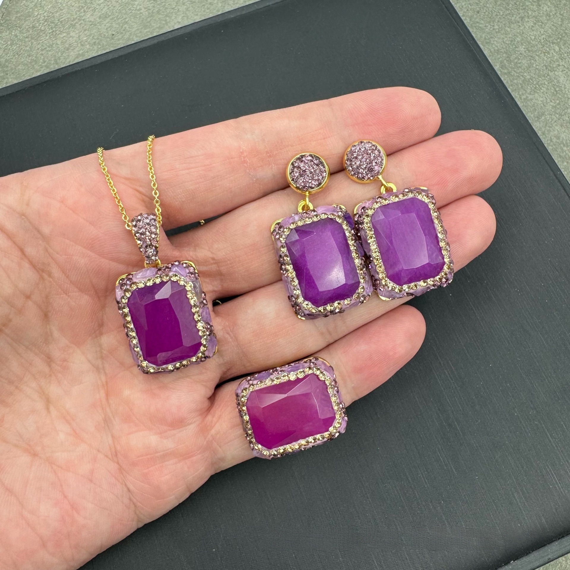 Ethnic Style Classic Style Square Copper Malay Jade Rings Earrings Necklace In Bulk