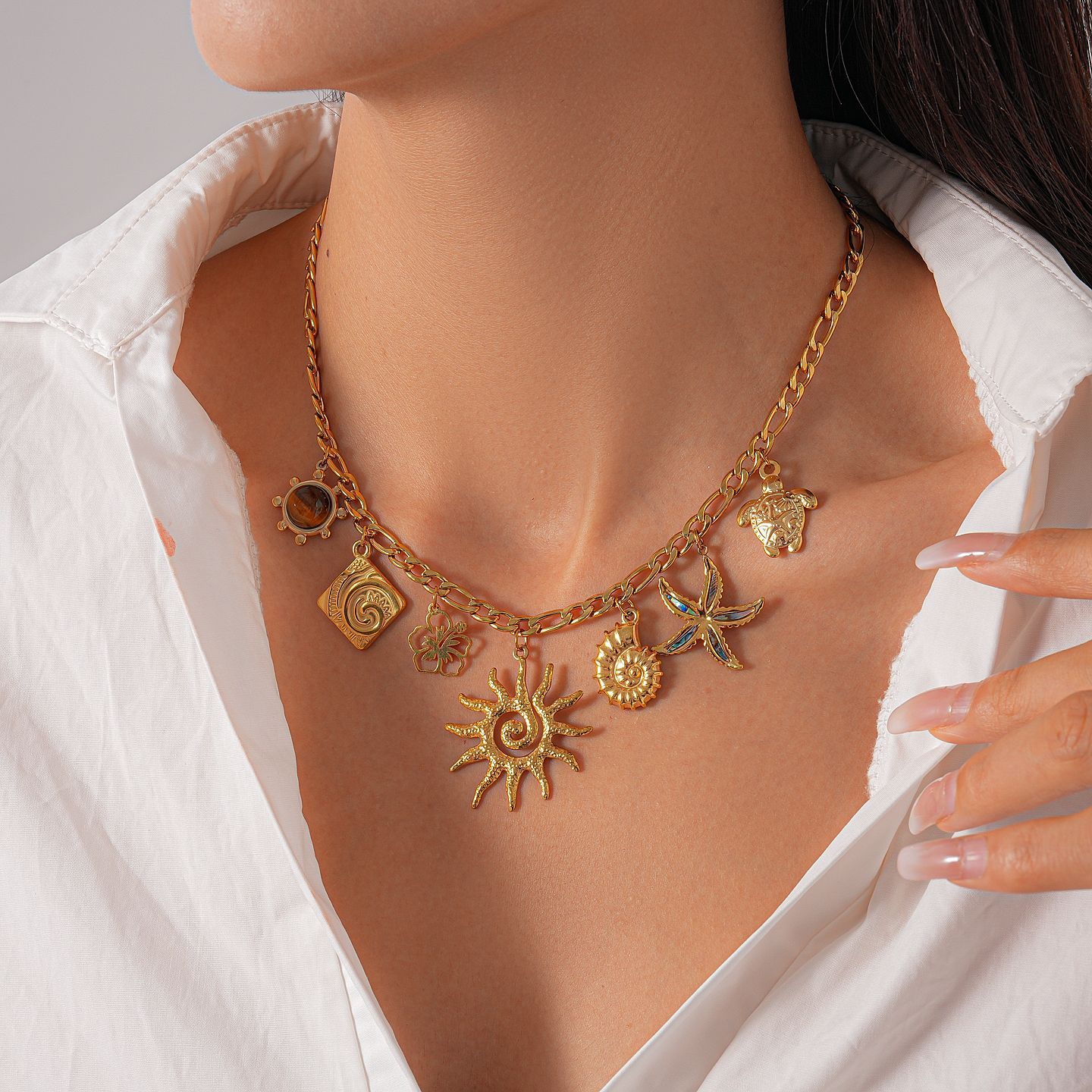 Fashionable Stainless Steel Sun Pendant Necklace Women's Versatile Light Luxury Geometric Pattern Electroplated Jewelry Accessory