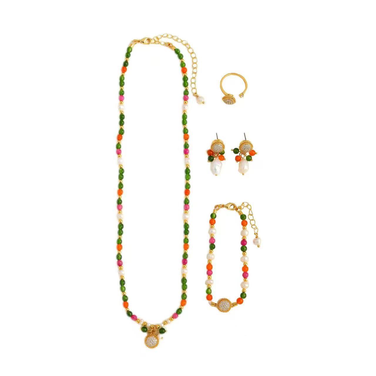 Colorful Natural Stone Beaded Necklace Bracelet Earrings Ring Set Women's Fashion Jewelry Accessories Candy Color Trendy Geometric Pattern