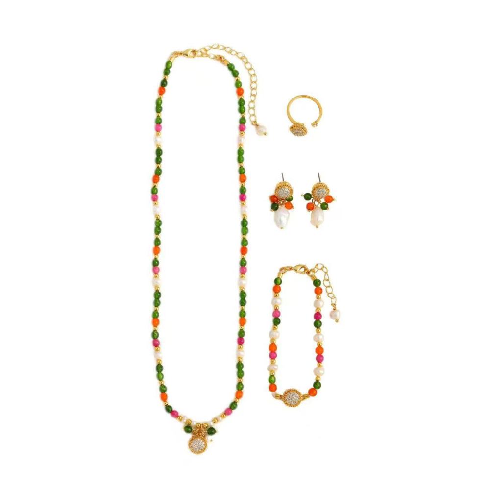Colorful Natural Stone Beaded Necklace Bracelet Earrings Ring Set Women's Fashion Jewelry Accessories Candy Color Trendy Geometric Pattern