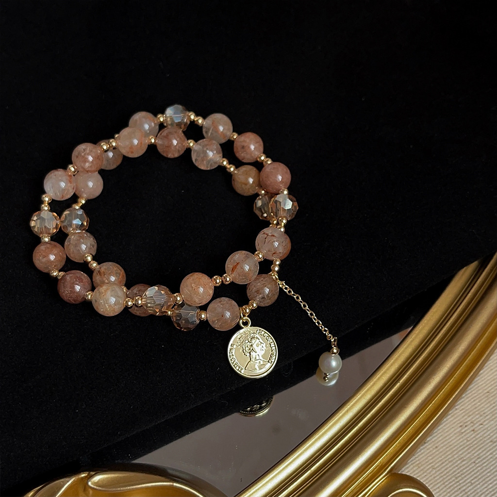 Double Layered Natural Stone Red Hair Crystal Bracelet Luxury Minimalist Fashion Versatile Geometric Pattern Everyday Wear For Women