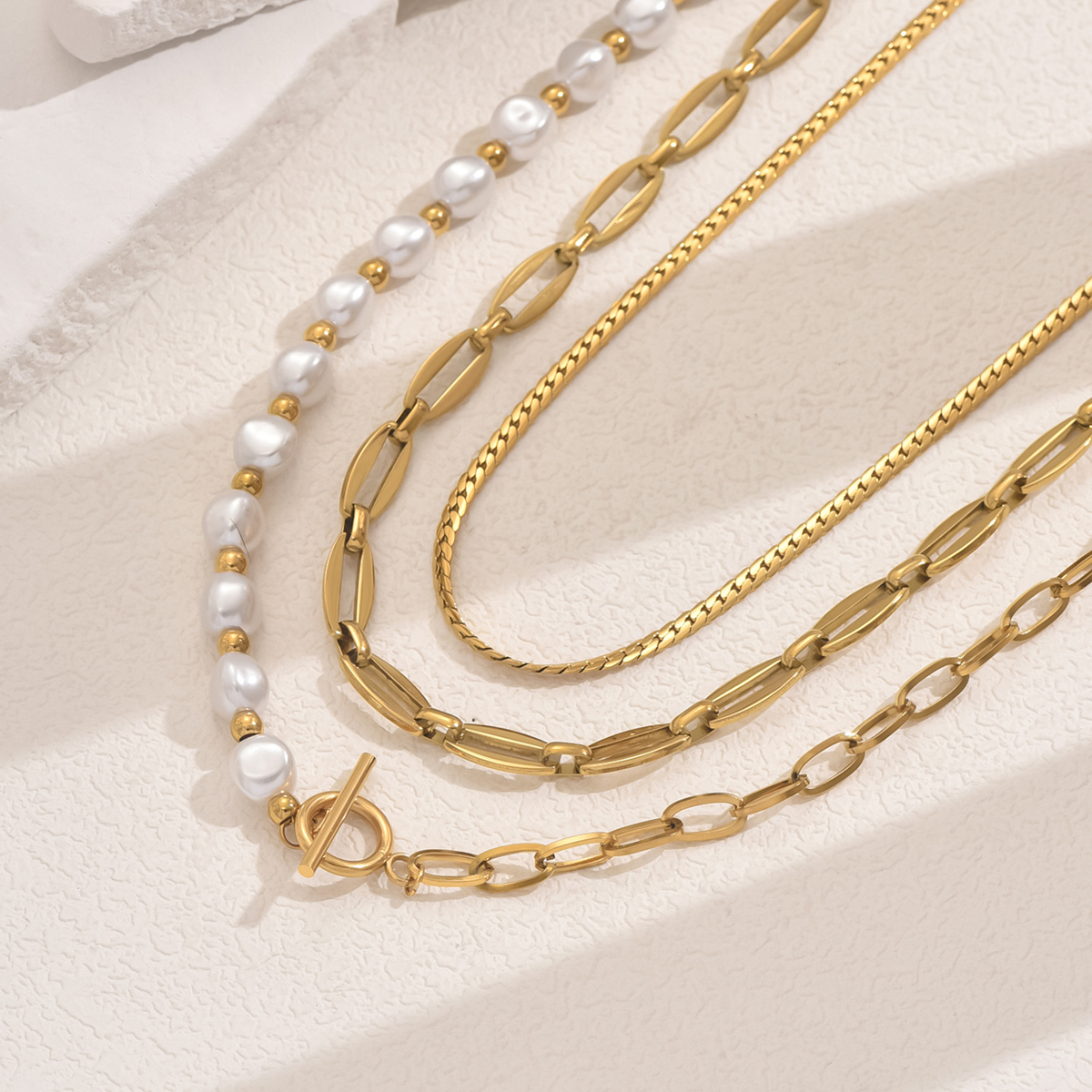 A   Style Imitation Pearl OT Buckle Chain Twin Three-Layer Necklace Baroque Style Temperament Personality Lady Date Party Gathering Matching Necklace