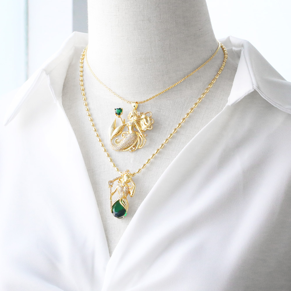 AS Jewelry Cross-Border Hot Selling Micro Pave Zircon Copper Plated 18K Gold Mermaid Pendant Necklace Clavicle Chain For Women Nkb140