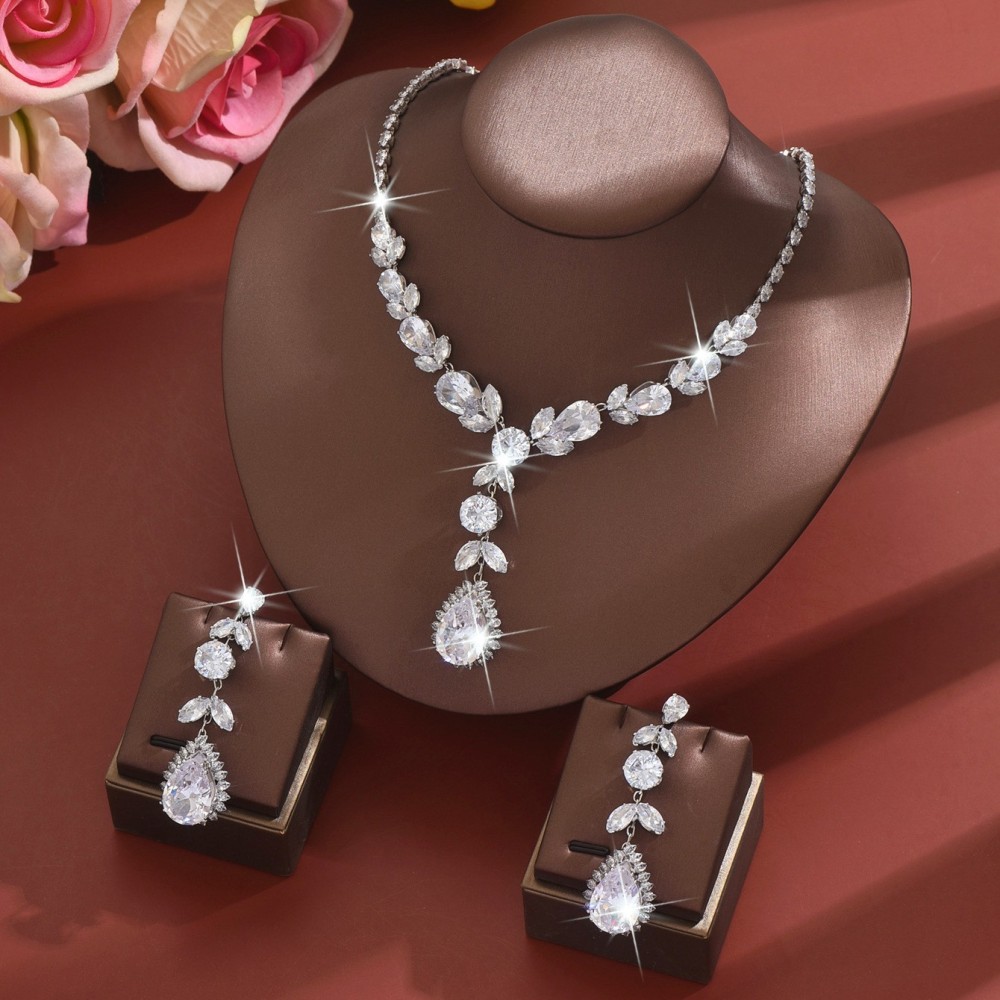 Luxurious Rainbow Zircon Heart Necklace Earrings Set Elegant Dinner Wedding Dress Accessories Fashionable Jewelry Combo For Women