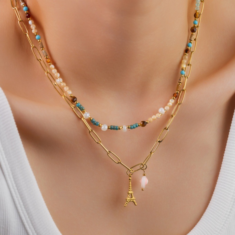 304 Stainless Steel Artificial Natural Stone Bead Necklace Fashion Layered Simple Design Titanium Steel Jewelry For Women